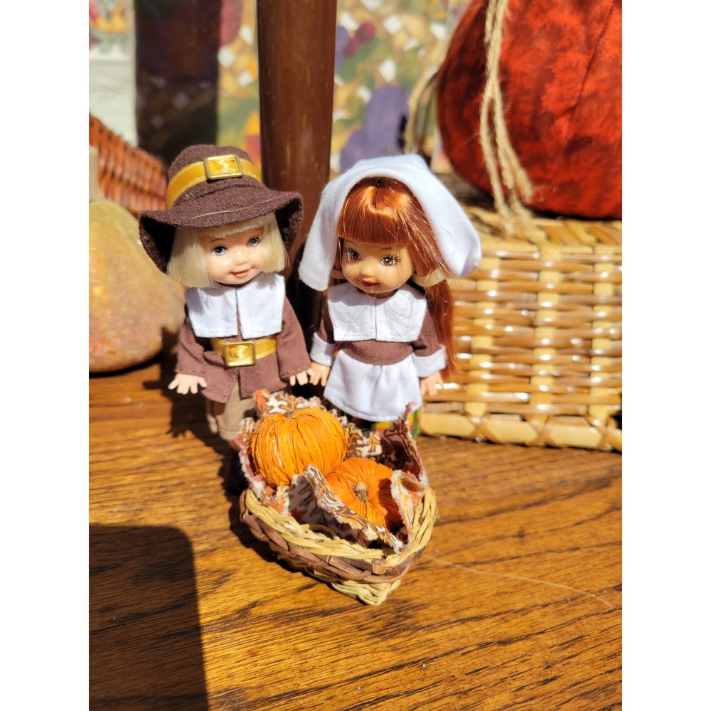 Vintage Kelly Tommy Doll Thanksgiving Pilgrim Set with Pumpkin Basket